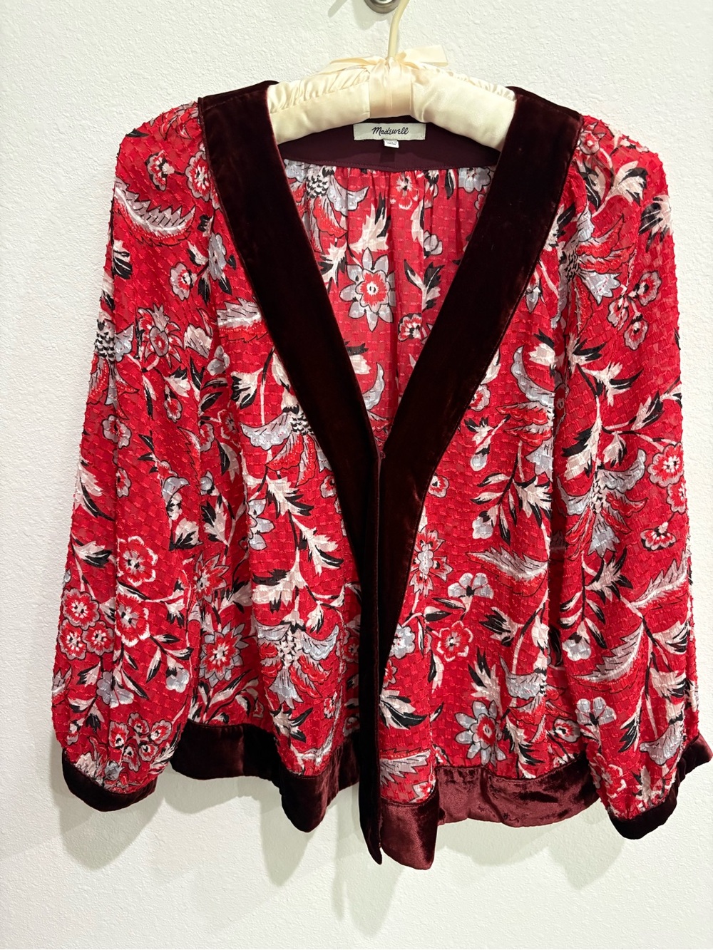 Madewell Delilah Bright Mixed Wrap Top Velvet Trim Cranberry Floral M WO7328 EUC